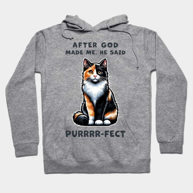 Calico cat funny graphic t-shirt of cat saying "After God made me, he said Purrrr-fect." Hoodie by Cat In Orbit ®